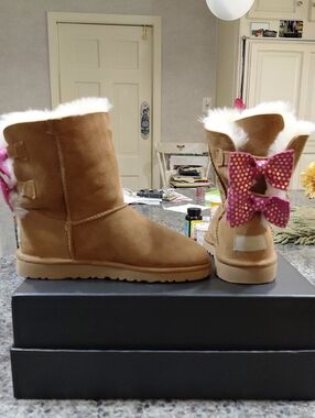 "UGG" Women or Girls, "Meilani" Chestnut Suede Boots with Pink Polka-Dot Bows..